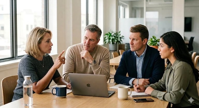 Four diverse professionals collaborating around a wooden table with a laptop in a modern office with large windows