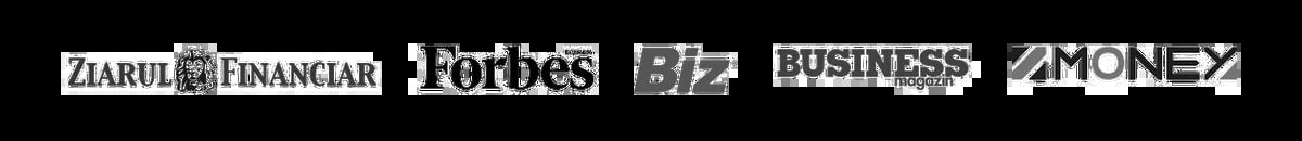 Romanian media publication logos including Ziarul Financiar, Forbes Romania, Biz, Business Magazin, and Money displayed in a row